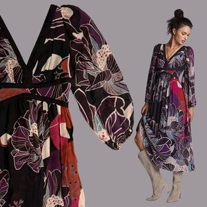 Anthropologie Let Me Be Floral Midi Dress Black Red Purple NWOT Small